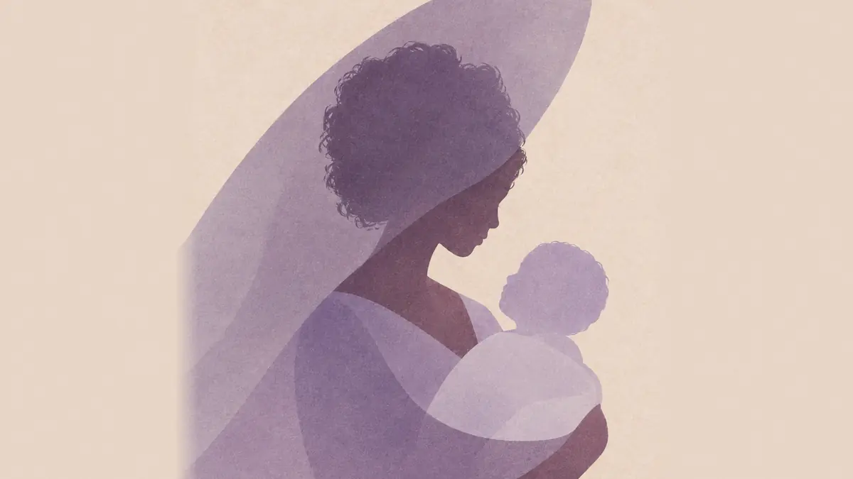 Ilustração em silhueta de uma mãe coberta por um véu translúcido, segurando um bebê no colo