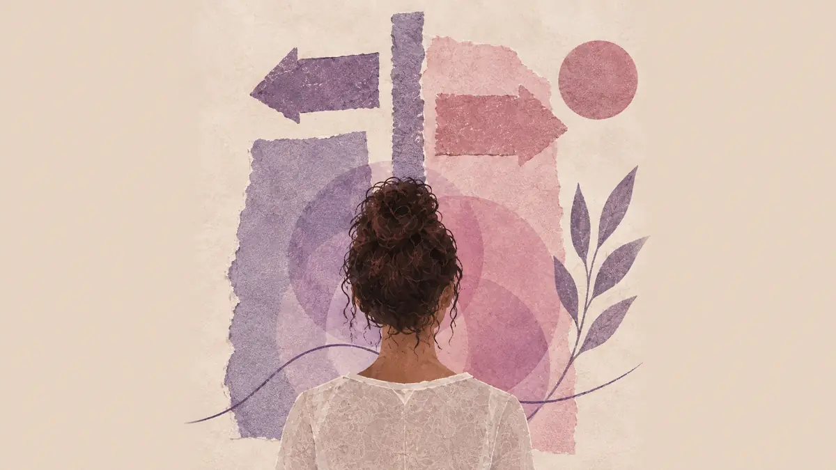 Ilustração de uma mulher de costas diante de setas que apontam para lados opostos, representando uma decisão