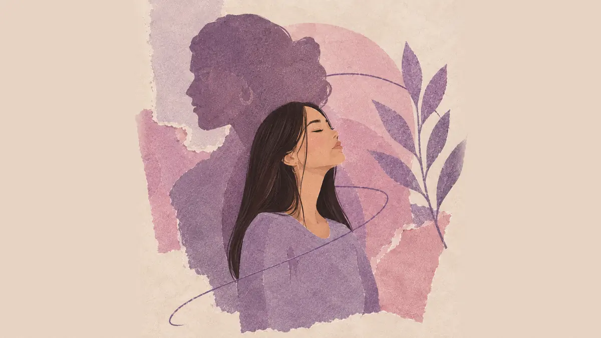 Ilustração de uma mulher de olhos fechados com a silhueta escura de outra mulher, maior, projetada atrás dela