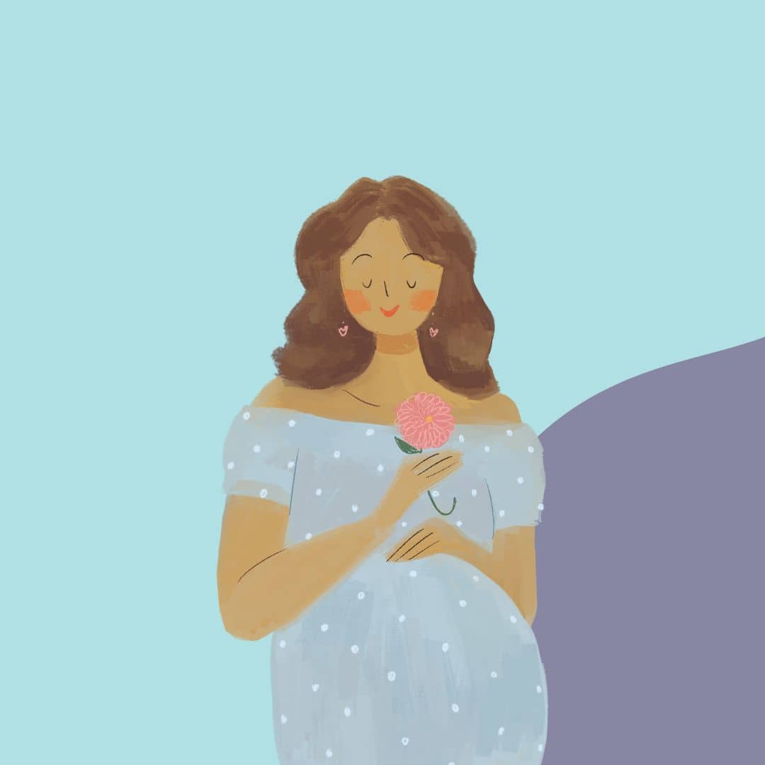 Ilustração de uma gestante segurando delicadamente uma flor, representando o pré-natal psicológico